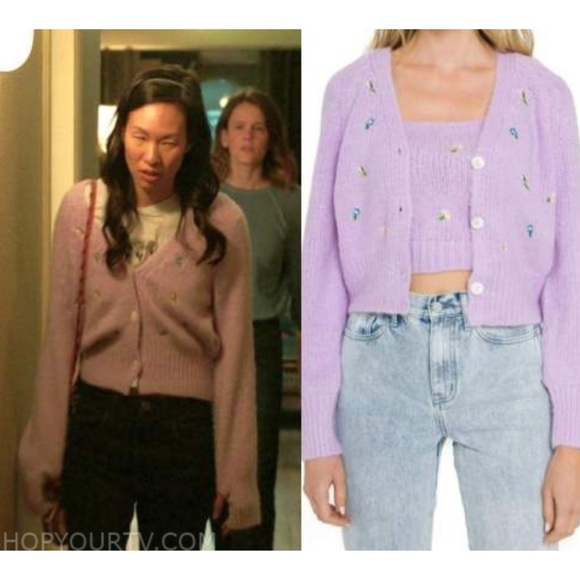 ENGLISH FACTORY Lavender Embroidered Floral Cardigan Faux Shell Buttons So Soft - Picture 8 of 9